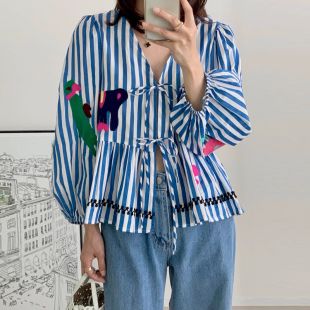 上衣 复古系带长袖 良良家可爱减龄重工刺绣印花条纹衬衫 女早秋新款