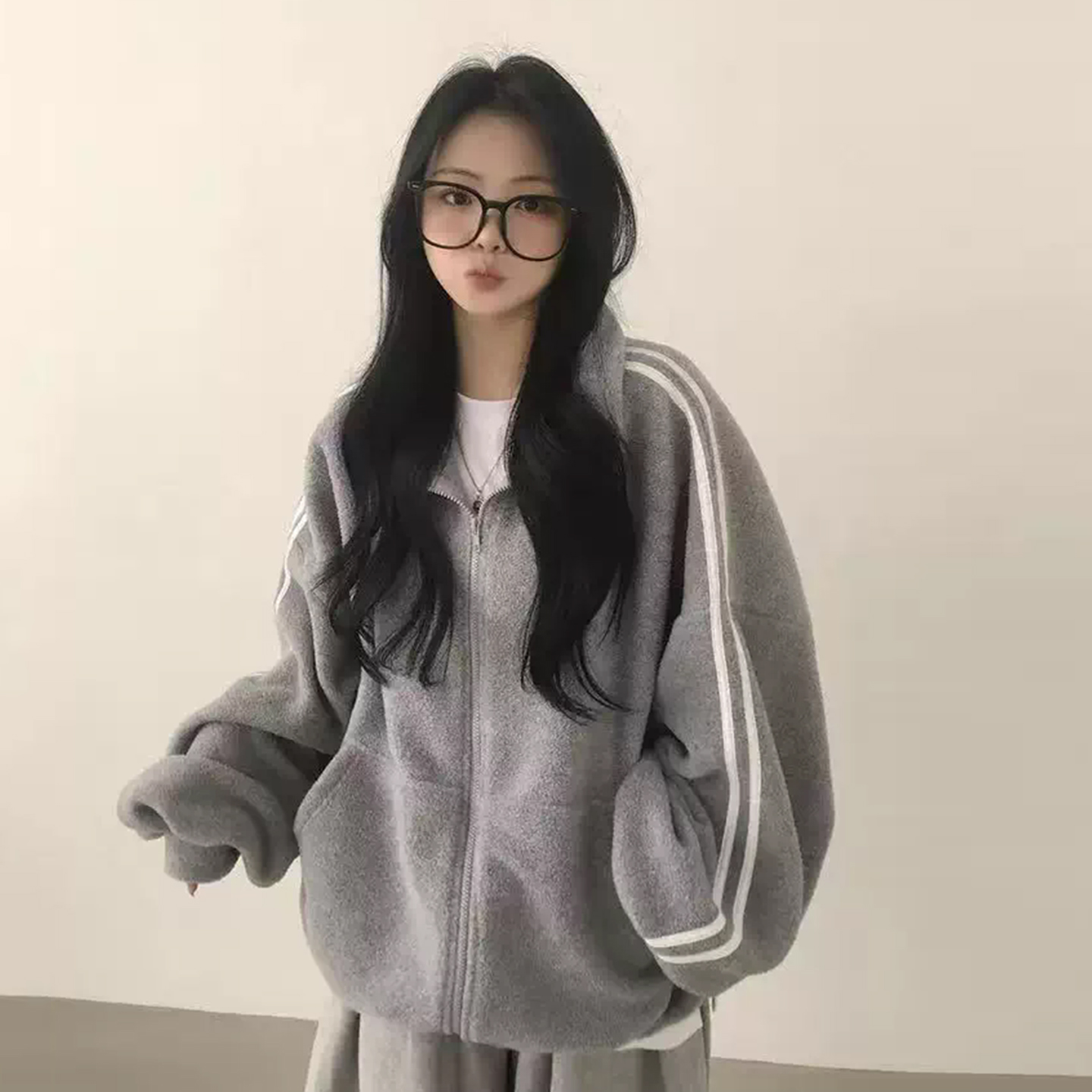 慵懒风撞色条纹摇粒绒卫衣外套