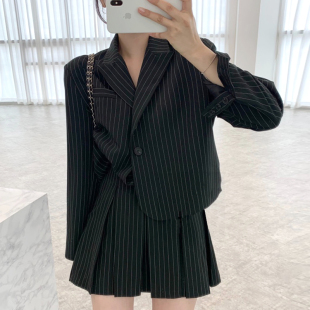 韩国chic复古翻领条纹两粒扣长袖西装外套+高腰压褶半身裙套装女
