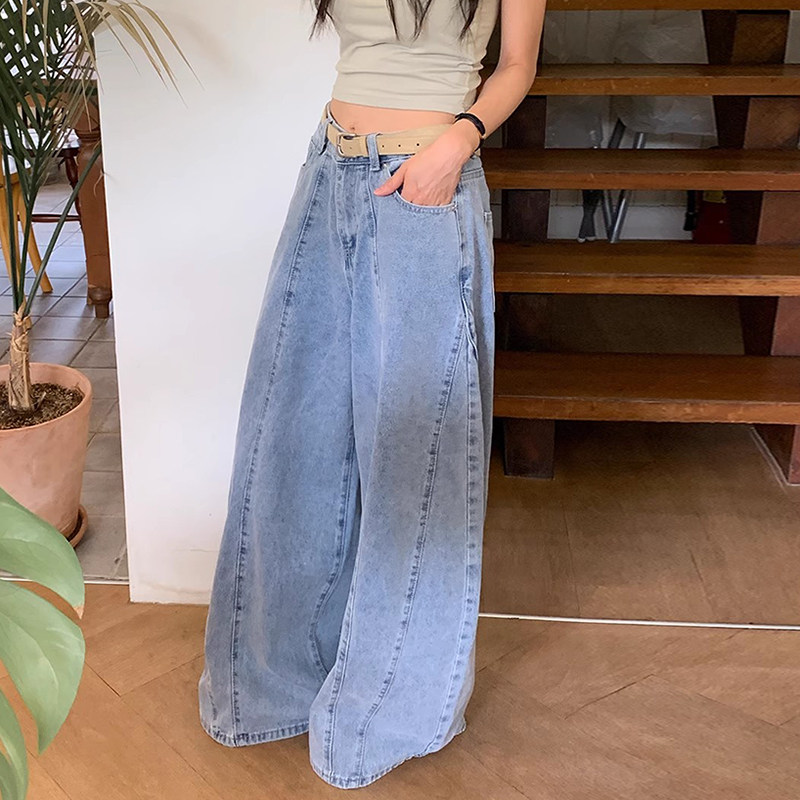 设计感小众拼接磨白牛仔裤长裤