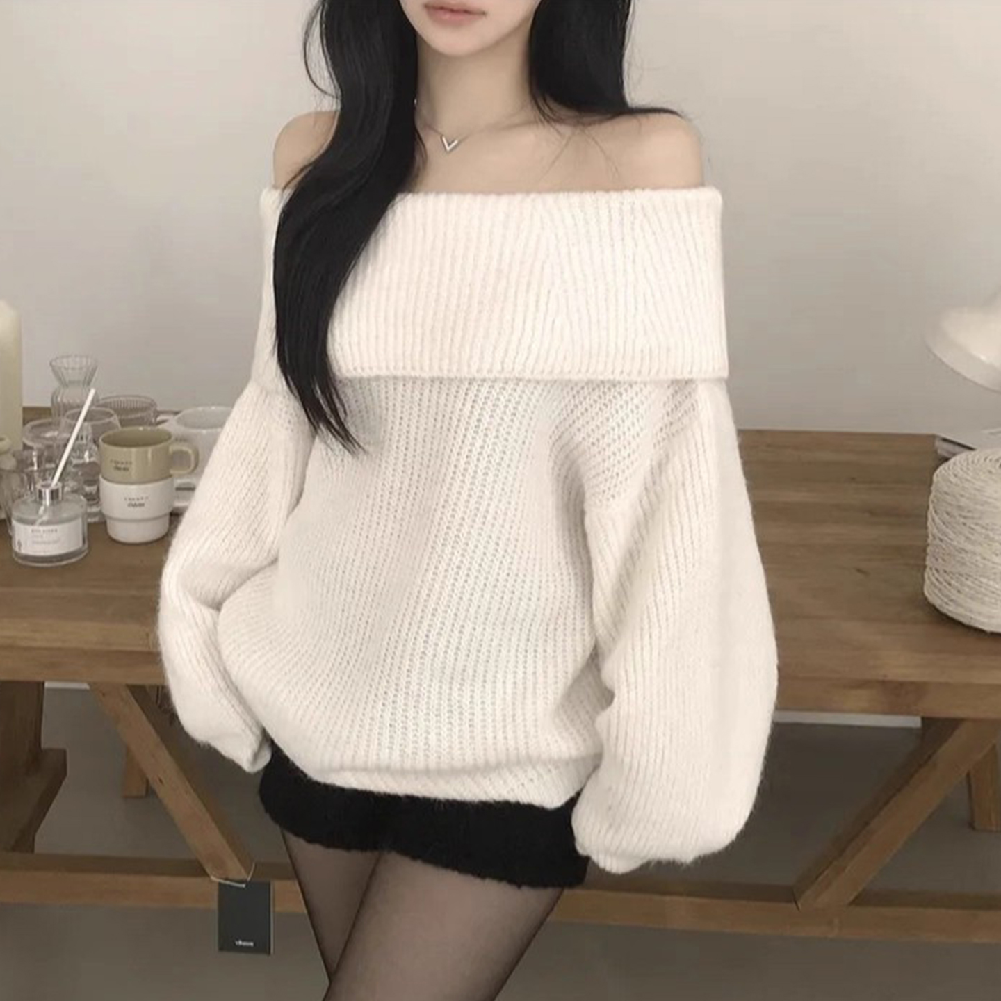 小性感一字肩软糯露肩针织衫毛衣