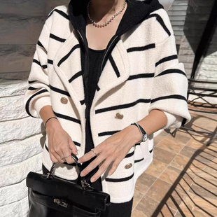 复古撞色条纹假两件连帽毛衣外套女冬季新款气质保暖针织开衫上衣