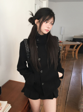 学院风斜边单排扣百搭显瘦呢子外套女2025冬季新款小个子毛呢大衣