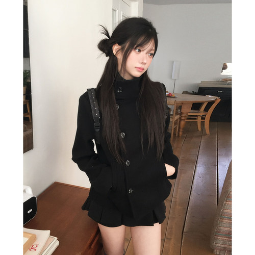 斜边单排扣百搭显瘦呢子外套