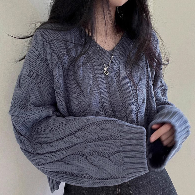 韩国chic秋冬复古慵懒风V领麻花小众宽松百搭长袖套头针织毛衣女