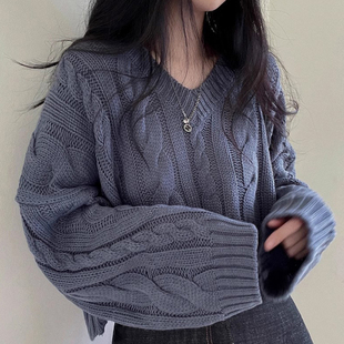 韩国chic秋冬复古慵懒风V领麻花小众宽松百搭长袖 套头针织毛衣女