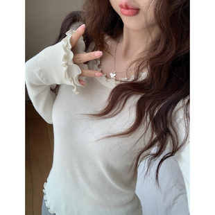 甜美风双层木耳边设计打底针织衫女2025秋季新款修身显瘦纯色上衣