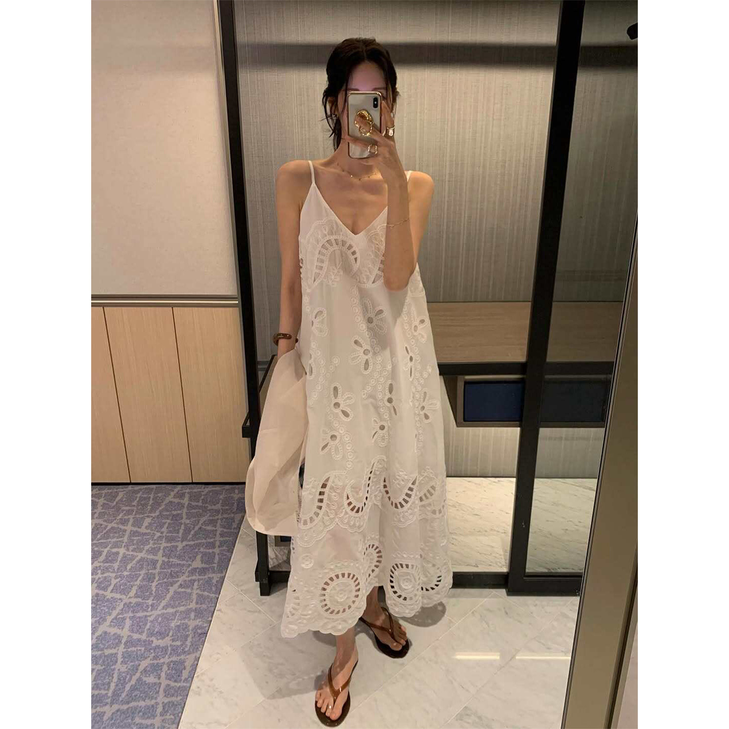 度假风镂空钩花吊带连衣裙长裙女