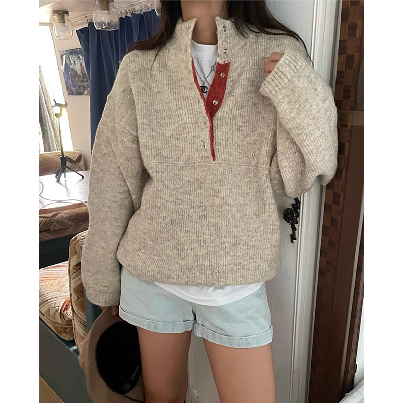 暗扣下摆抽绳百搭长袖针织衫毛衣