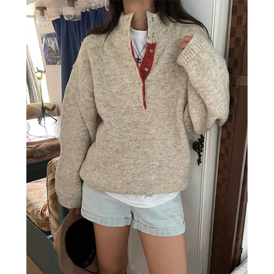 暗扣下摆抽绳百搭长袖针织衫毛衣
