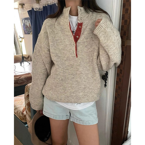 暗扣下摆抽绳百搭长袖针织衫毛衣