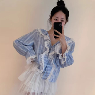 甜美减龄花边拼接格纹V领长袖 女早春季 新款 宽松百搭衬衣上衣 衬衫