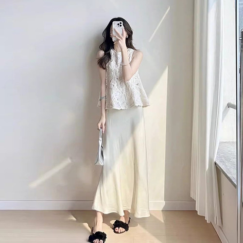 重工拼接背心衬衫缎面半身裙套装