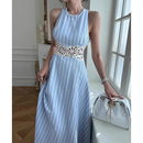 背心长裙 无袖 良良家度假风后背镂空蕾丝拼接条纹连衣裙女夏季 新款