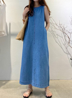韩国chic夏季小众复古圆领明线露背设计宽松长款背心牛仔连衣裙女