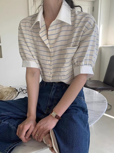 小众设计感撞色翻领条纹衬衫女