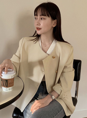 韩国chic春季温柔奶油黄圆领金属单排扣宽松休闲长袖西装短外套女