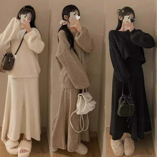 时尚 宽松百搭软糯针织毛衣女2025秋季 新款 高腰显瘦A字半身裙 套装