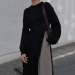 韩国chic秋季 连衣裙女 复古小众圆领设计绑带假两件侧边开叉中长款