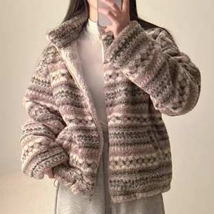 甜美撞色提花毛绒棉服外套女2025冬季 气质百搭立领保暖棉衣 新款