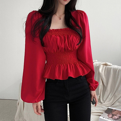 方领松紧收腰荷叶边长袖衬衫上衣