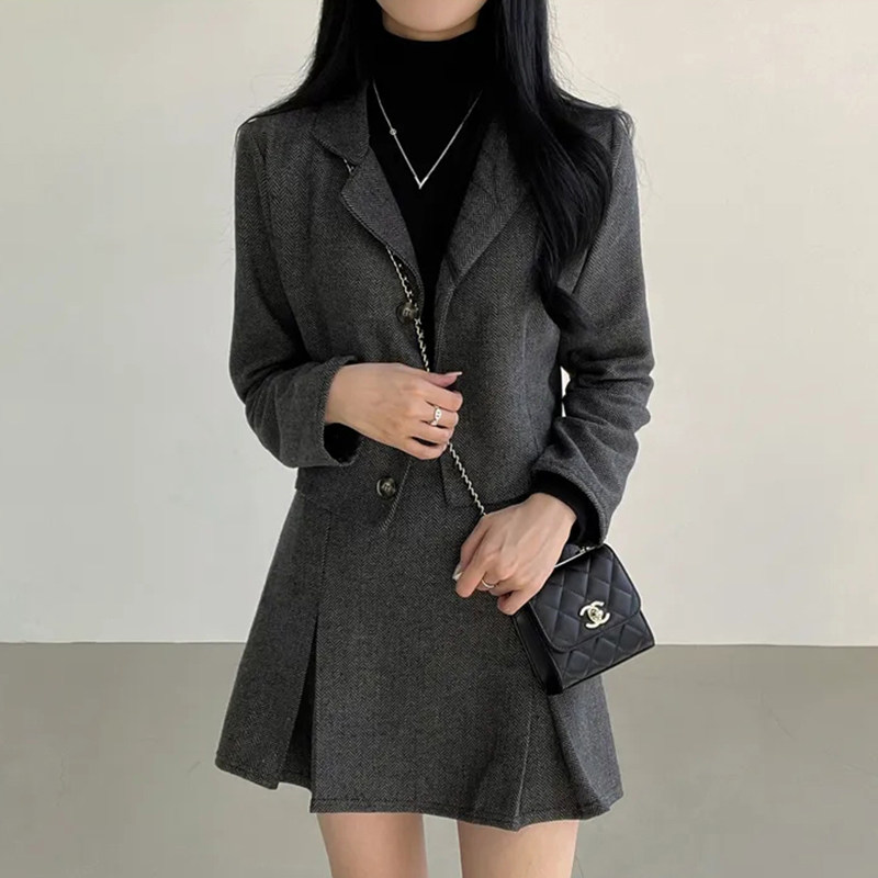 韩国chic冬季复古气质西装领短款外套+高腰显瘦百搭A字型半身裙女,女装/女士精品,时尚套装,淘宝优惠券,粉丝福利购,淘宝优惠卷
