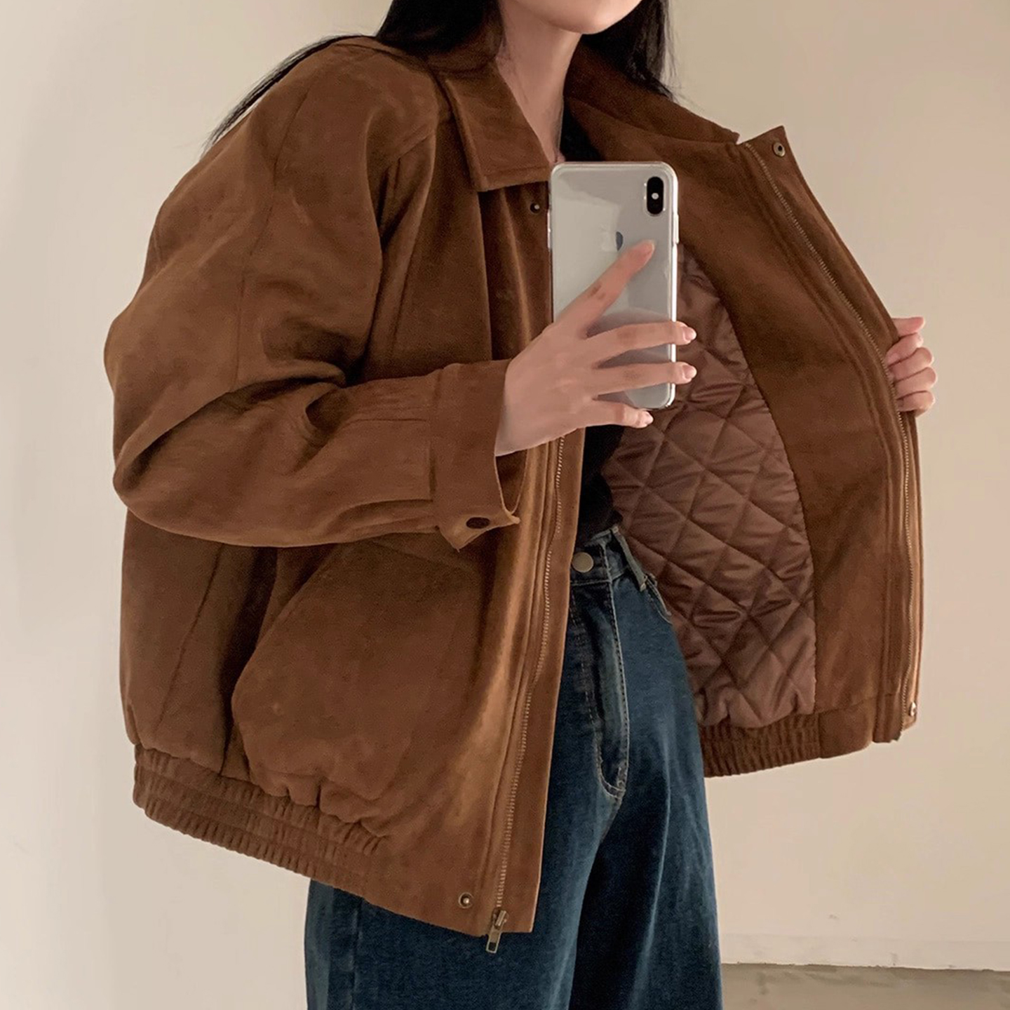 美拉德翻领内里夹棉麂皮绒外套