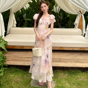 良良家夏季新款法式浪漫扎染印花一字肩系带两穿连衣裙修身长裙女