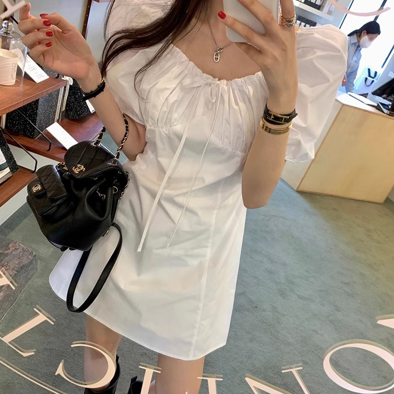 蝴蝶结系带方领白色连衣裙女