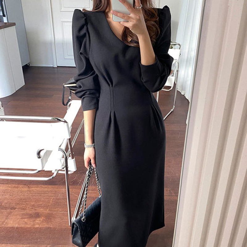 chicV领收腰泡泡袖长款连衣裙女