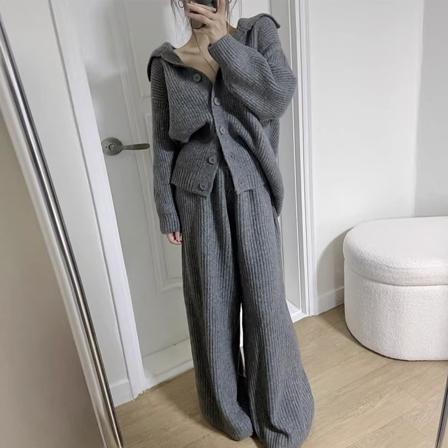 针织开衫毛衣外套+高腰休闲长裤