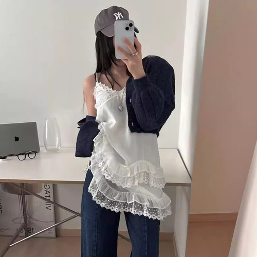 蕾丝拼接V领荷叶边吊带连衣裙女