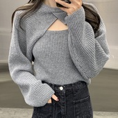 披肩长袖 韩国chic冬季 显瘦针织吊带背心 小众修身 毛衣两件套 法式