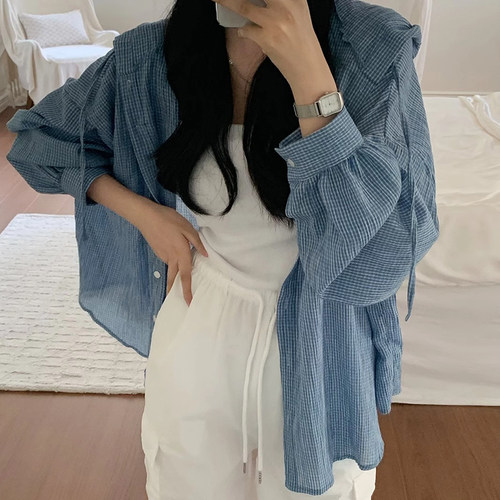 宽松小个子连帽式格子衬衫外套