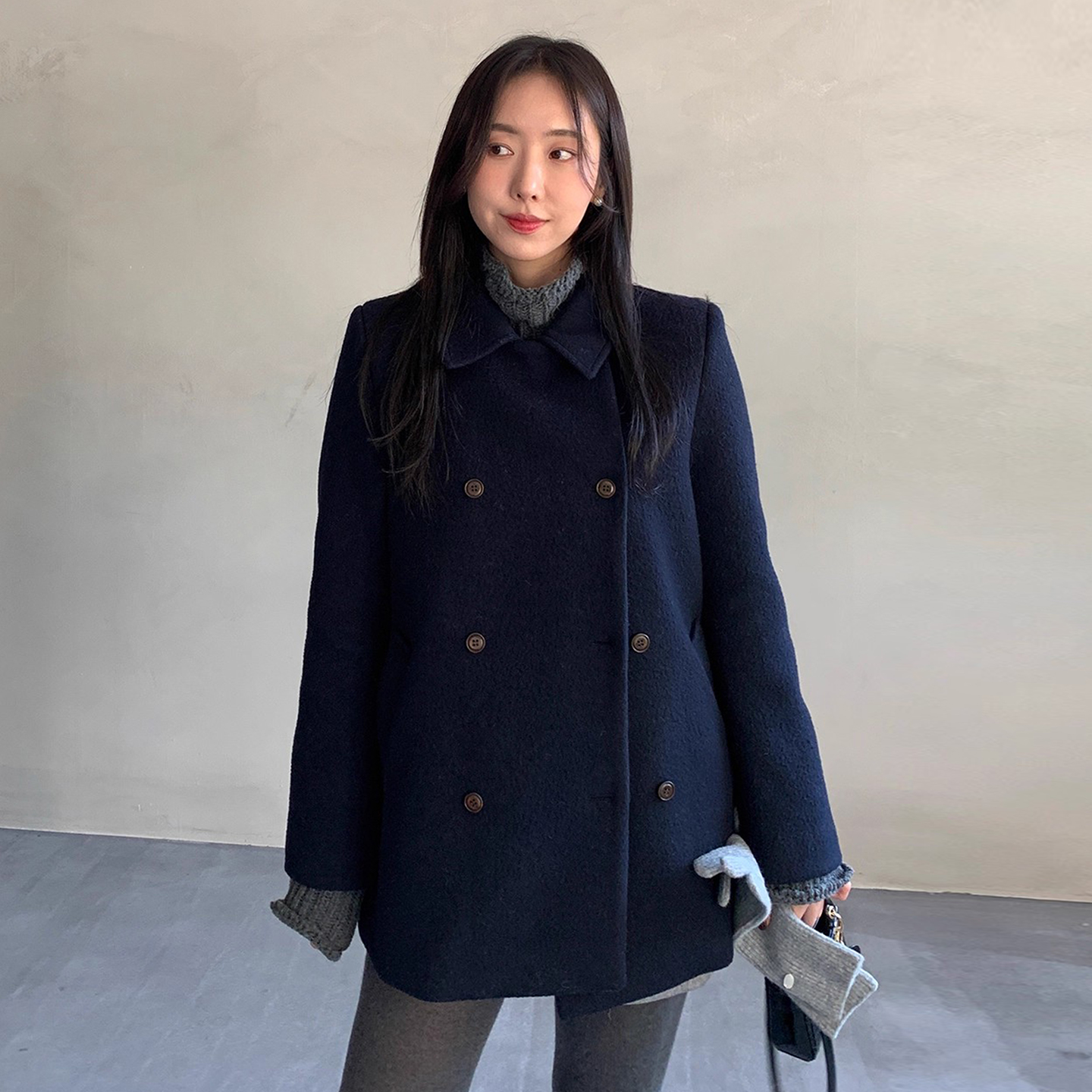 气质双排扣小个子毛呢大衣外套