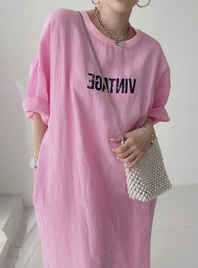韩国chic夏季休闲小众圆领做旧字母印花设计宽松长款T恤连衣裙女