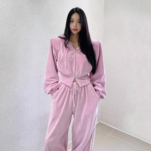 粉色短款连帽丝绒卫衣外套女冬季新款侧条纹休闲长裤子运动套装