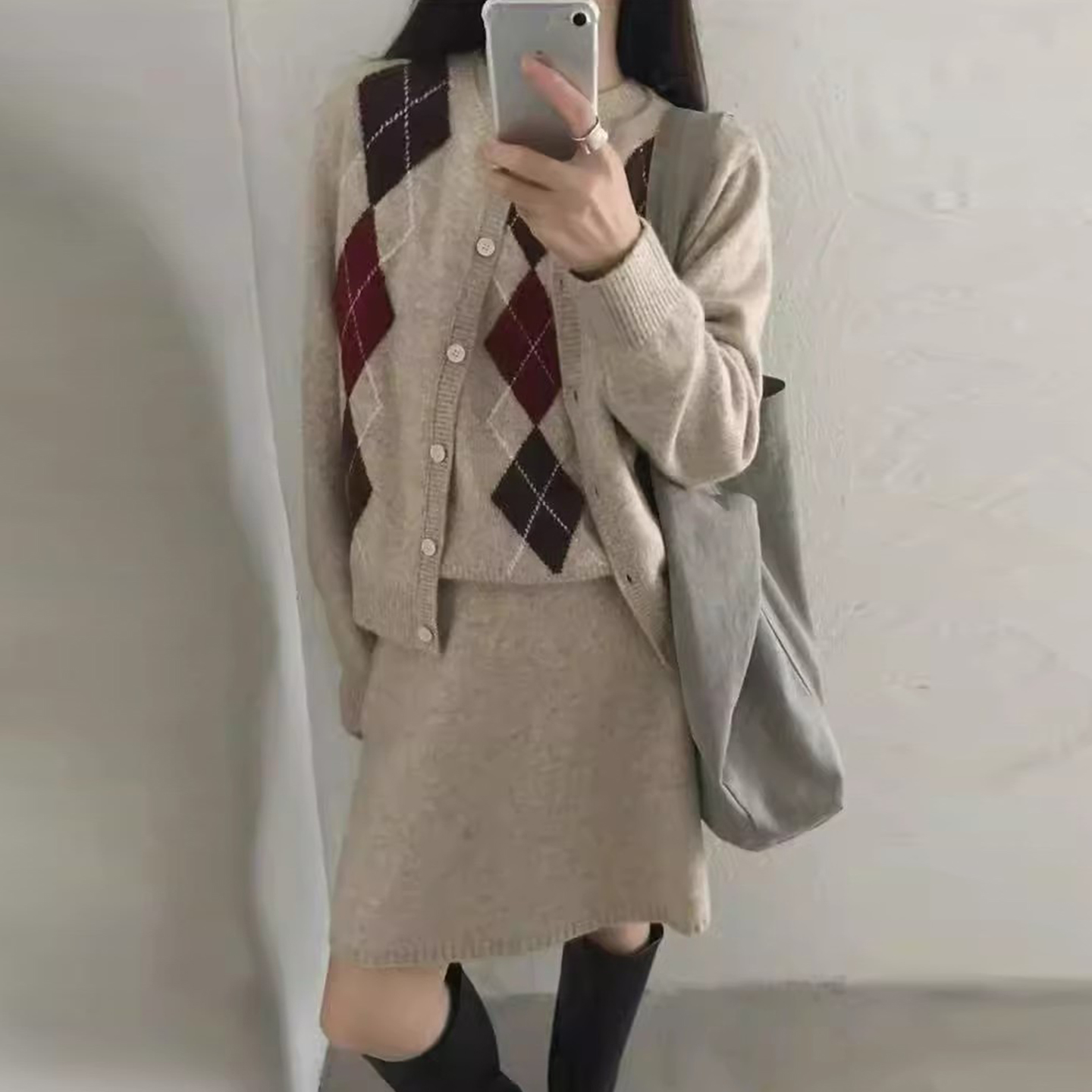 菱格打底针织衫毛衣外套半身裙