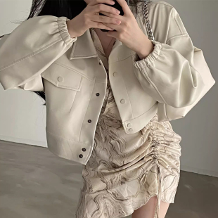 韩国chic秋季 PU皮衣外套女 小众帅气翻领单排扣双口袋宽松百搭短款