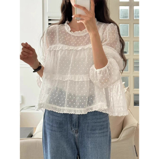 衬衫 韩国chic春季 刺绣波点微透长袖 减龄纯色背心吊带 两件套 法式