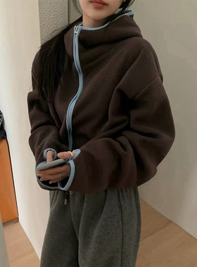 韩系拼色双面摇粒绒连帽卫衣女