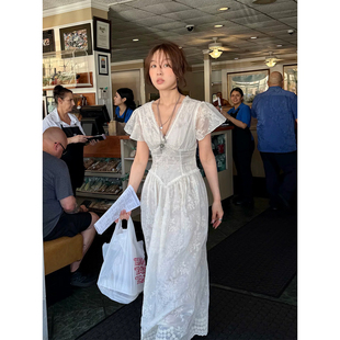 重工刺绣蕾丝短袖连衣裙女夏季新款休闲气质收腰显瘦仙女裙长裙子