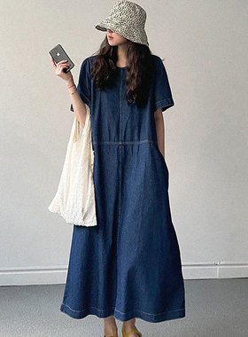 韩国chic夏季复古气质圆领明线设计感宽松休闲短袖牛仔连衣裙女