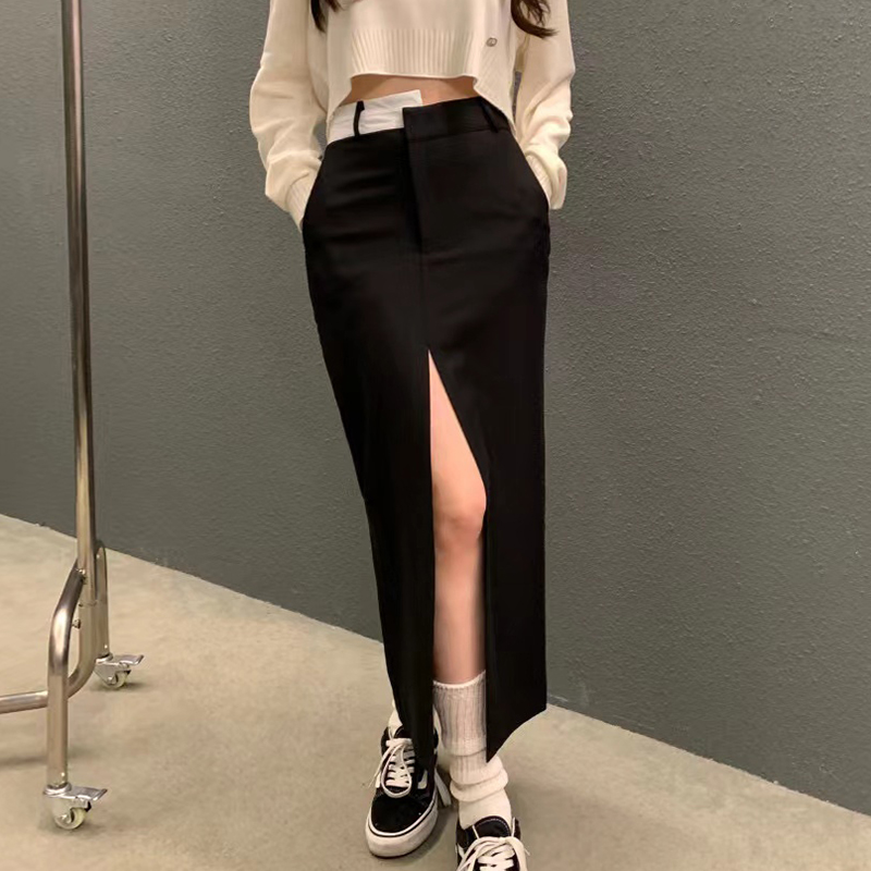 chic不规则高腰开叉包臀半身裙女