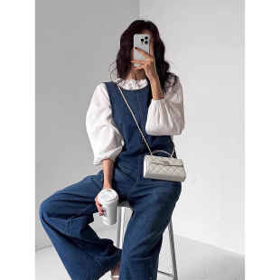 背带长裤 背心休闲牛仔裤 女 复古港风圆领宽松休闲无袖 韩国chic春季