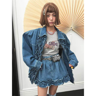 良良家韩系复古木耳边水洗牛仔外套女秋季新款高腰半身裙两件套装