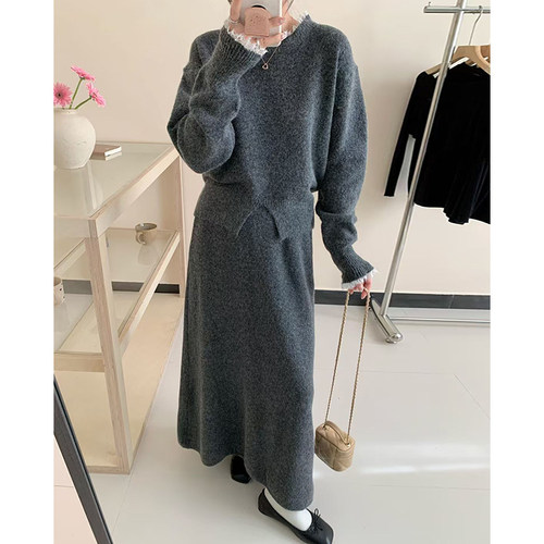 花边长袖毛衣女+高腰针织半身裙