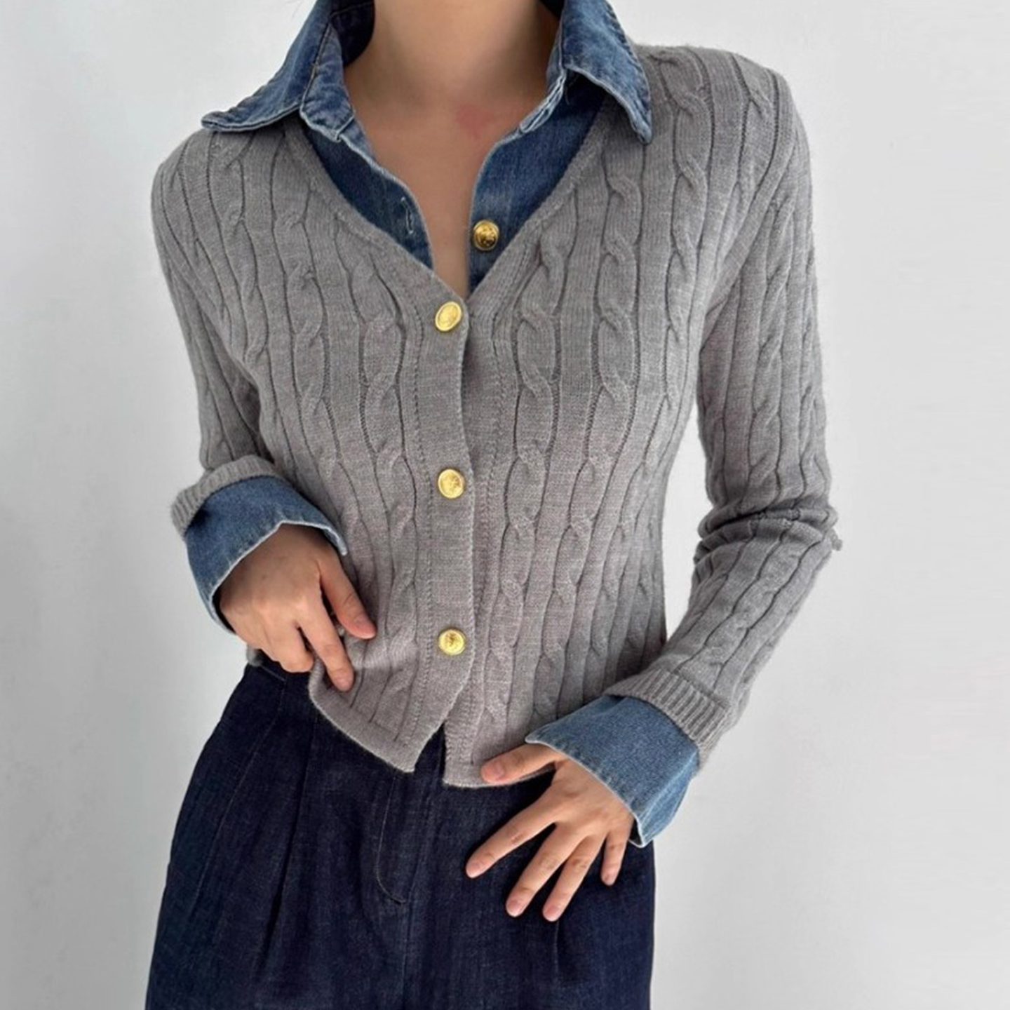 设计感牛仔翻领麻花纹假两件毛衣外套女2025冬季修身显瘦针织上衣