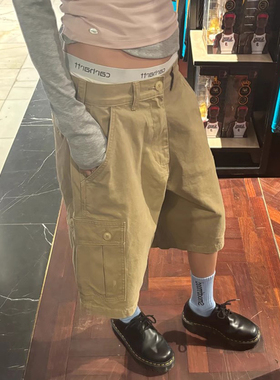 良良家美式复古大口袋阔腿工装裤女夏季新款高腰百搭五分裤中裤子