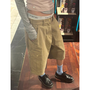 女夏季 裤 新款 高腰百搭五分裤 子 良良家美式 中裤 复古大口袋阔腿工装